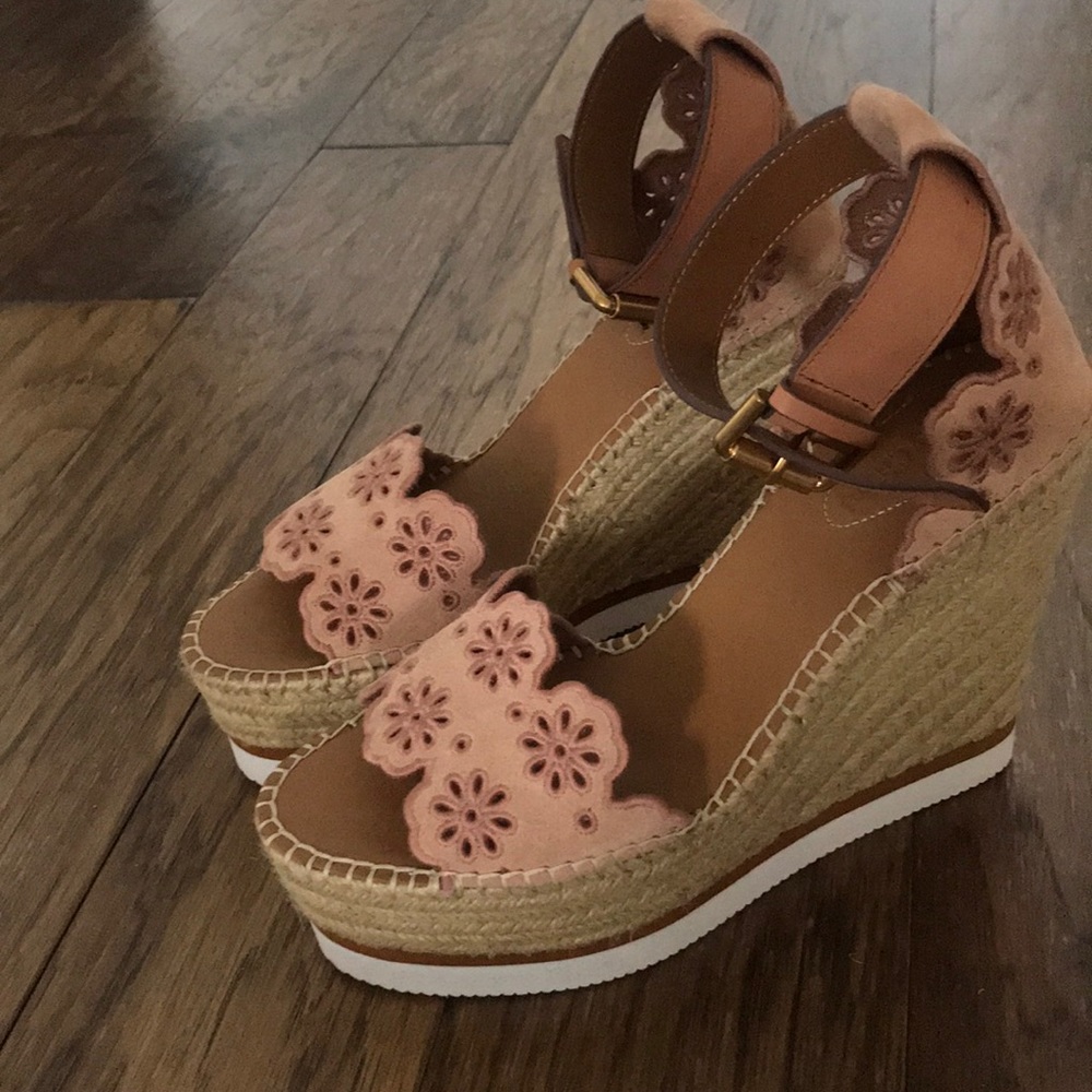 See By Chloé Pink Floral Suede Espadrille Wedge Sandals